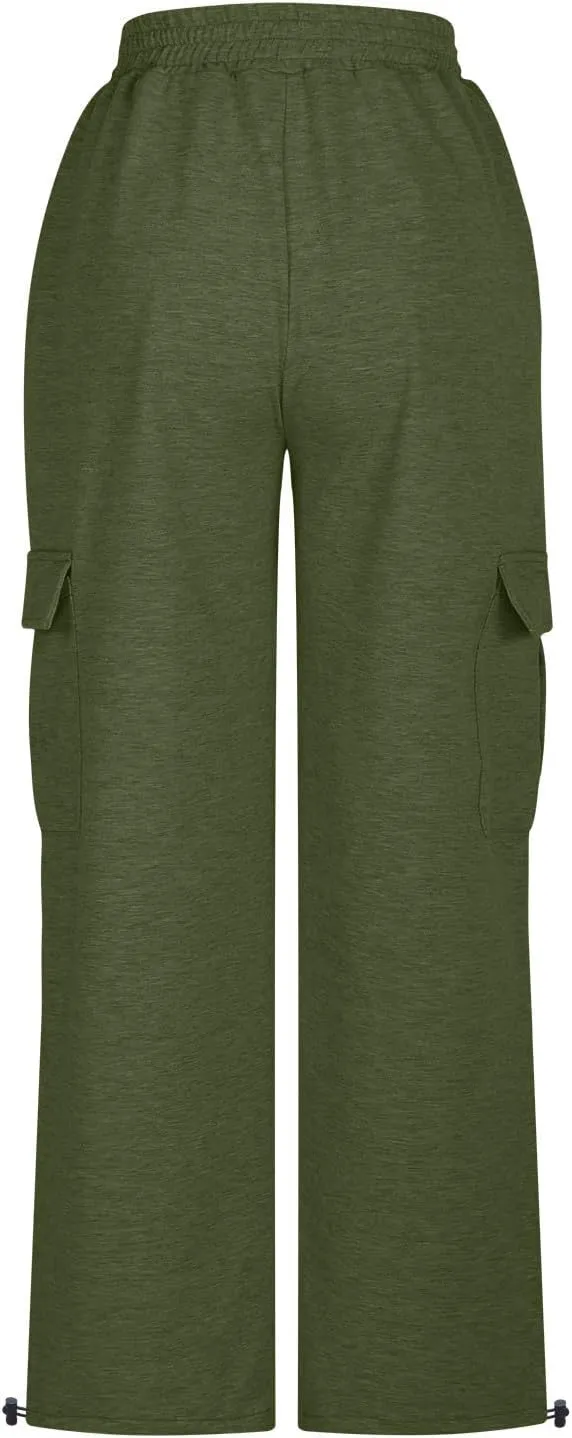 Women's Casual Pants Elastic High Waist Straight Leg Baggy Pant Lightweight Soft Comfy Solid Trousers with Pockets