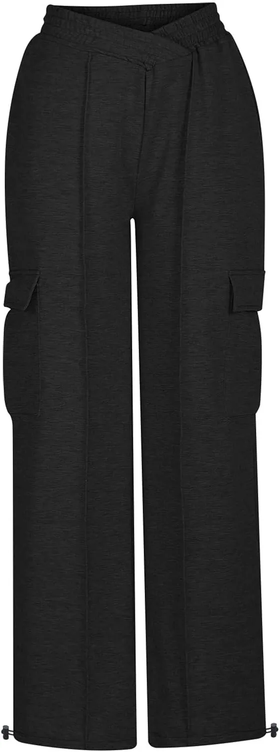 Women's Casual Pants Elastic High Waist Straight Leg Baggy Pant Lightweight Soft Comfy Solid Trousers with Pockets