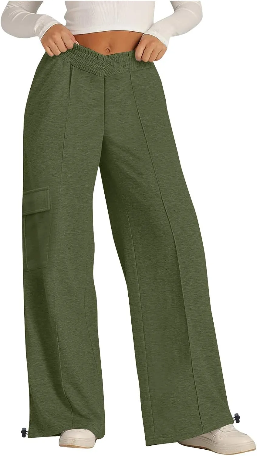 Women's Casual Pants Elastic High Waist Straight Leg Baggy Pant Lightweight Soft Comfy Solid Trousers with Pockets