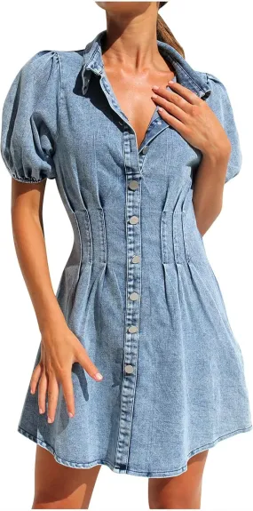 Womens Lapel Button Down Summer Denim Dress Short Sleeve Dress Puff Sleeve Flowy Jean Dress