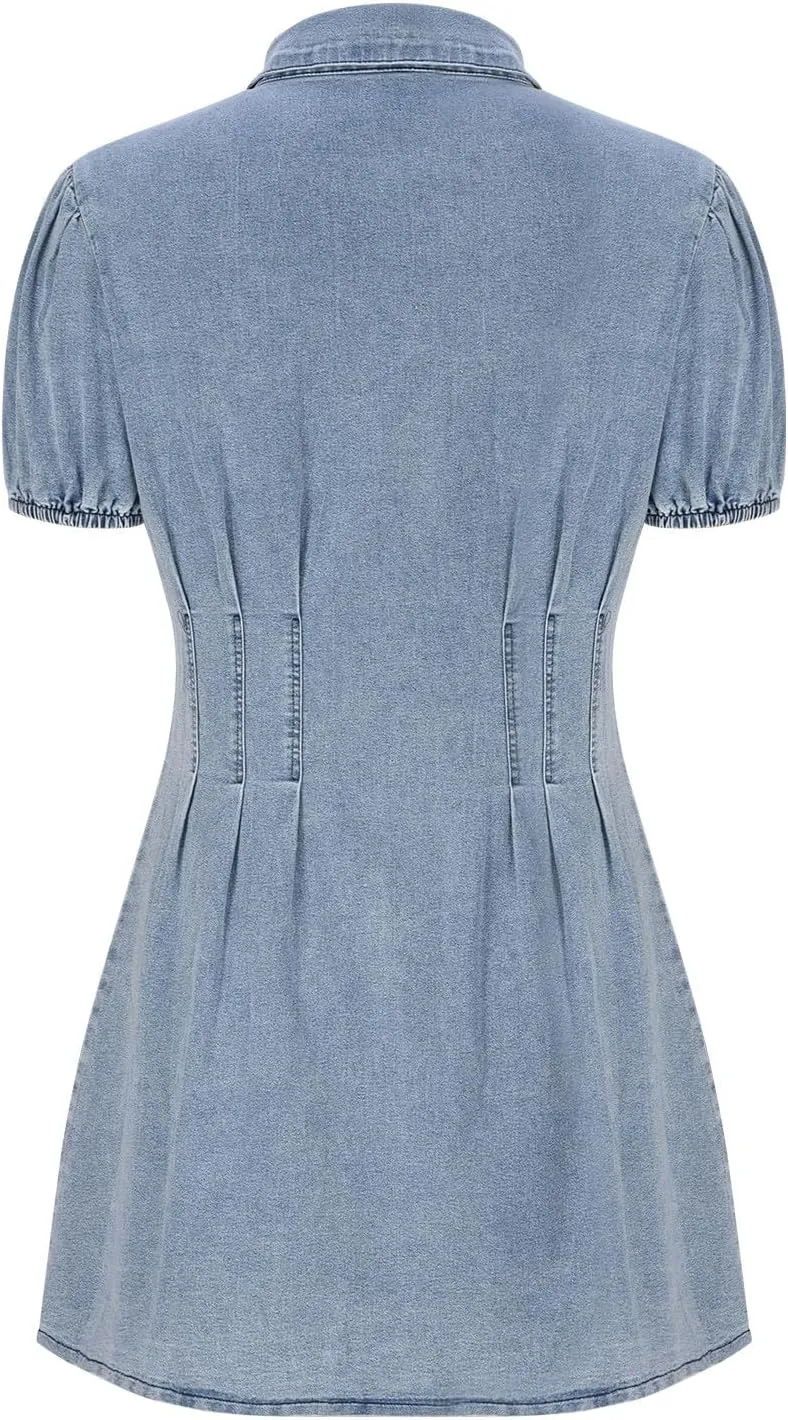 Womens Lapel Button Down Summer Denim Dress Short Sleeve Dress Puff Sleeve Flowy Jean Dress
