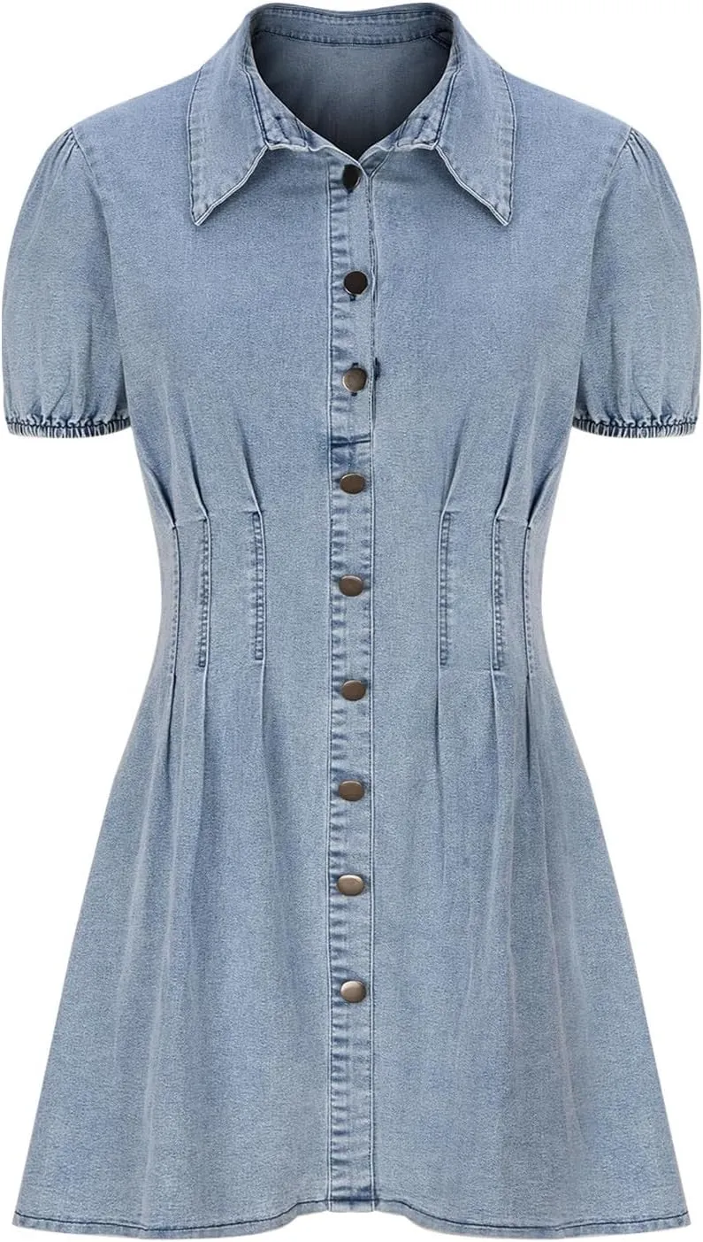 Womens Lapel Button Down Summer Denim Dress Short Sleeve Dress Puff Sleeve Flowy Jean Dress