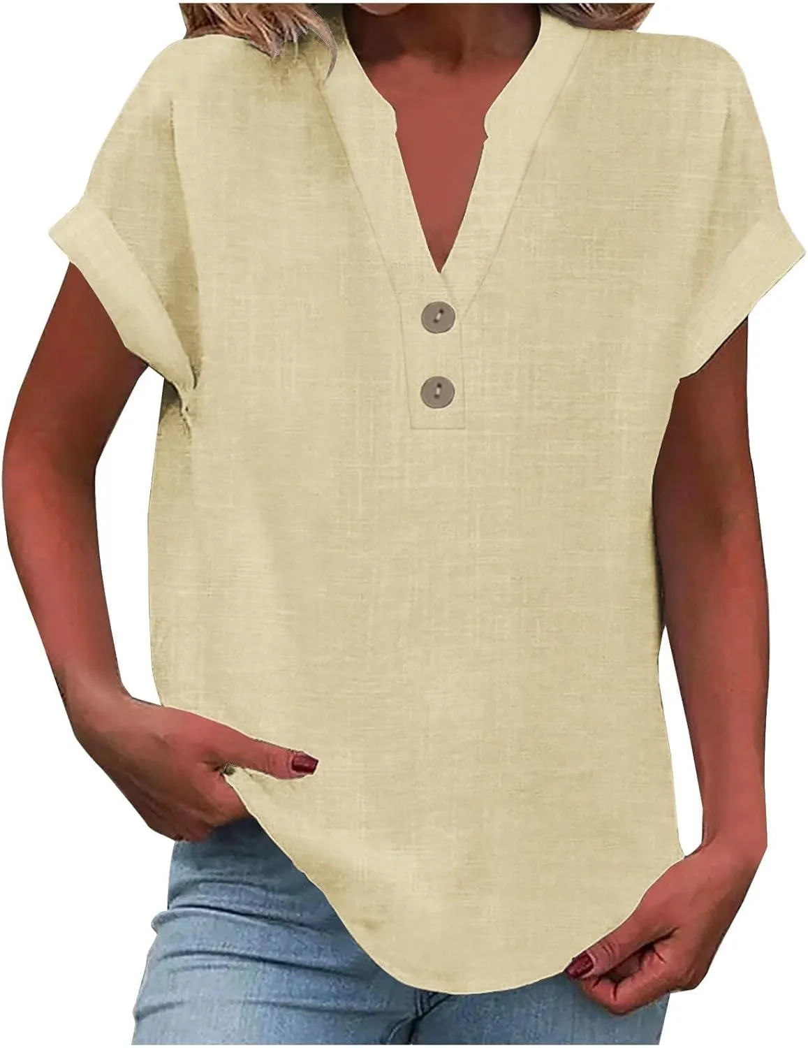 Womens Linen Short Sleeve Henley Tops V Neck Dressy Casual Loose Fit Shirts Summer Flowy Blouses 2025 Trendy Clothes
