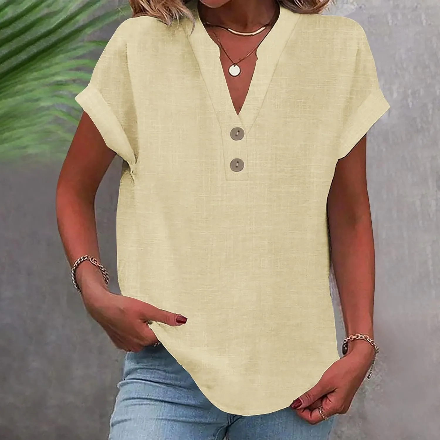 Womens Linen Short Sleeve Henley Tops V Neck Dressy Casual Loose Fit Shirts Summer Flowy Blouses 2025 Trendy Clothes