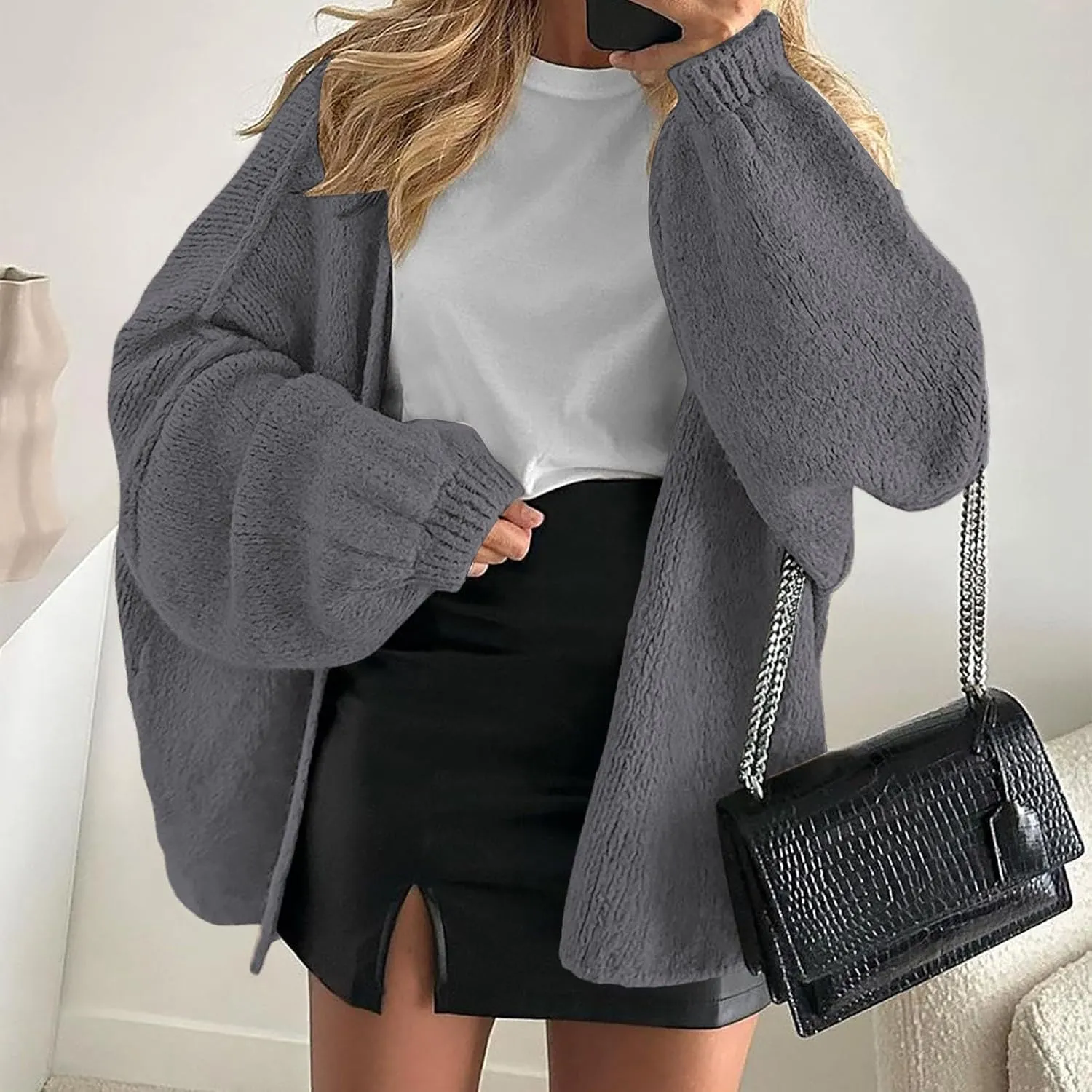 Womens Oversized Cardigan 2024 Fall Knit Open Front Long Lantern Sleeve Sweaters Drop Shoulder Chunky Slouchy Outwear