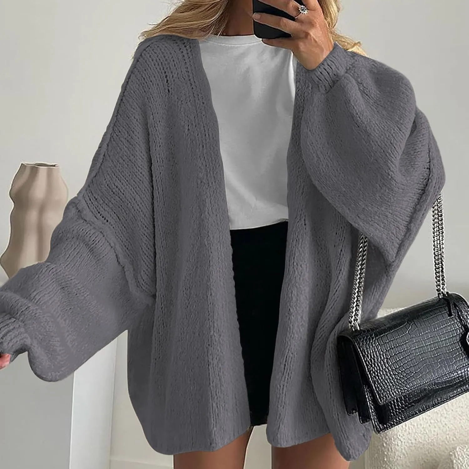 Womens Oversized Cardigan 2024 Fall Knit Open Front Long Lantern Sleeve Sweaters Drop Shoulder Chunky Slouchy Outwear