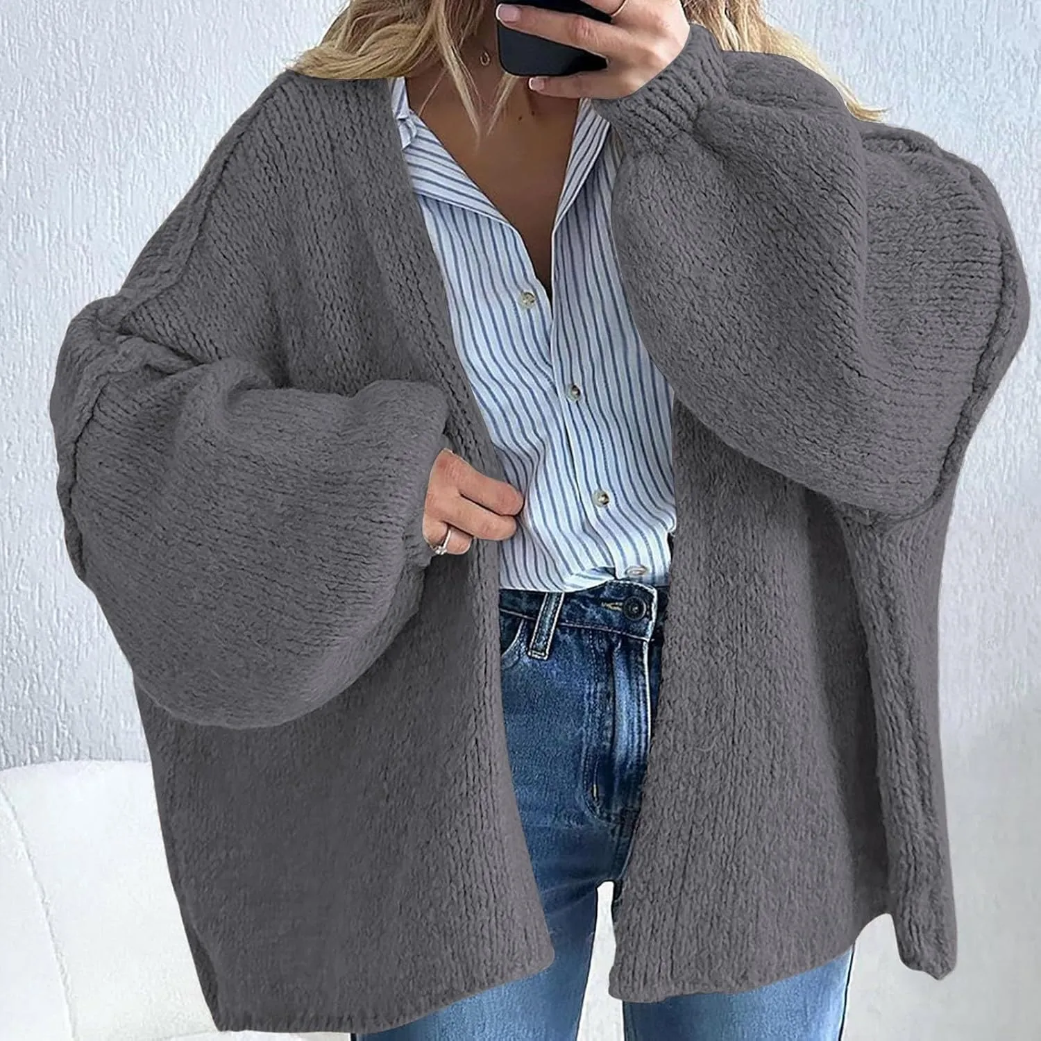 Womens Oversized Cardigan 2024 Fall Knit Open Front Long Lantern Sleeve Sweaters Drop Shoulder Chunky Slouchy Outwear