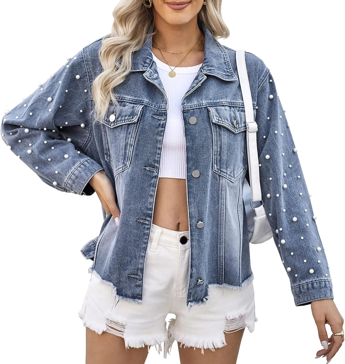 Women's Pearls Denim Jacket Cropped Rhinestones Jean Jacket Coat Light Jean Jackets for Women 2025 Y2K Trendy Tops