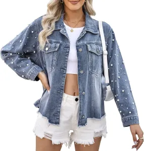 Women's Pearls Denim Jacket Cropped Rhinestones Jean Jacket Coat Light Jean Jackets for Women 2025 Y2K Trendy Tops