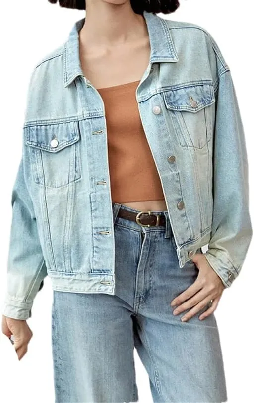Women's Short Denim Jacket Loose Solid Button Fit Long Sleeve Denim Coat