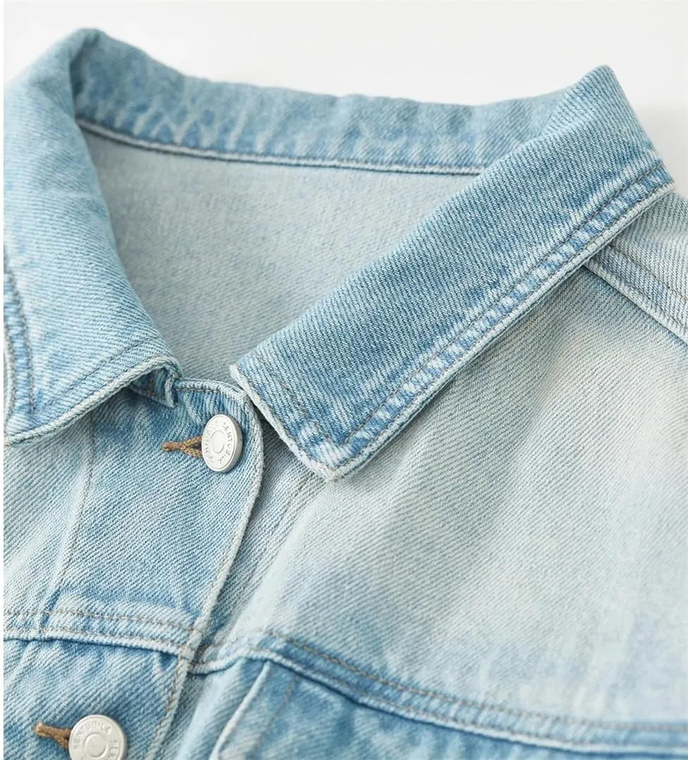Women's Short Denim Jacket Loose Solid Button Fit Long Sleeve Denim Coat