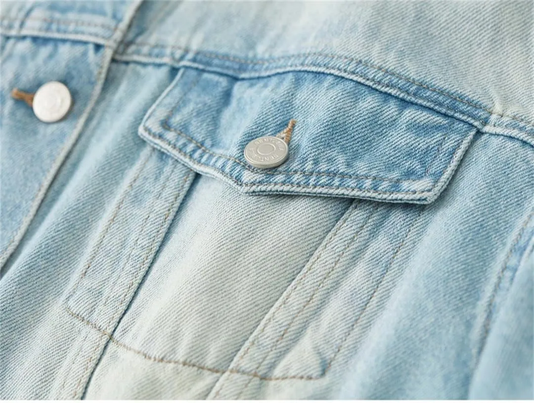 Women's Short Denim Jacket Loose Solid Button Fit Long Sleeve Denim Coat