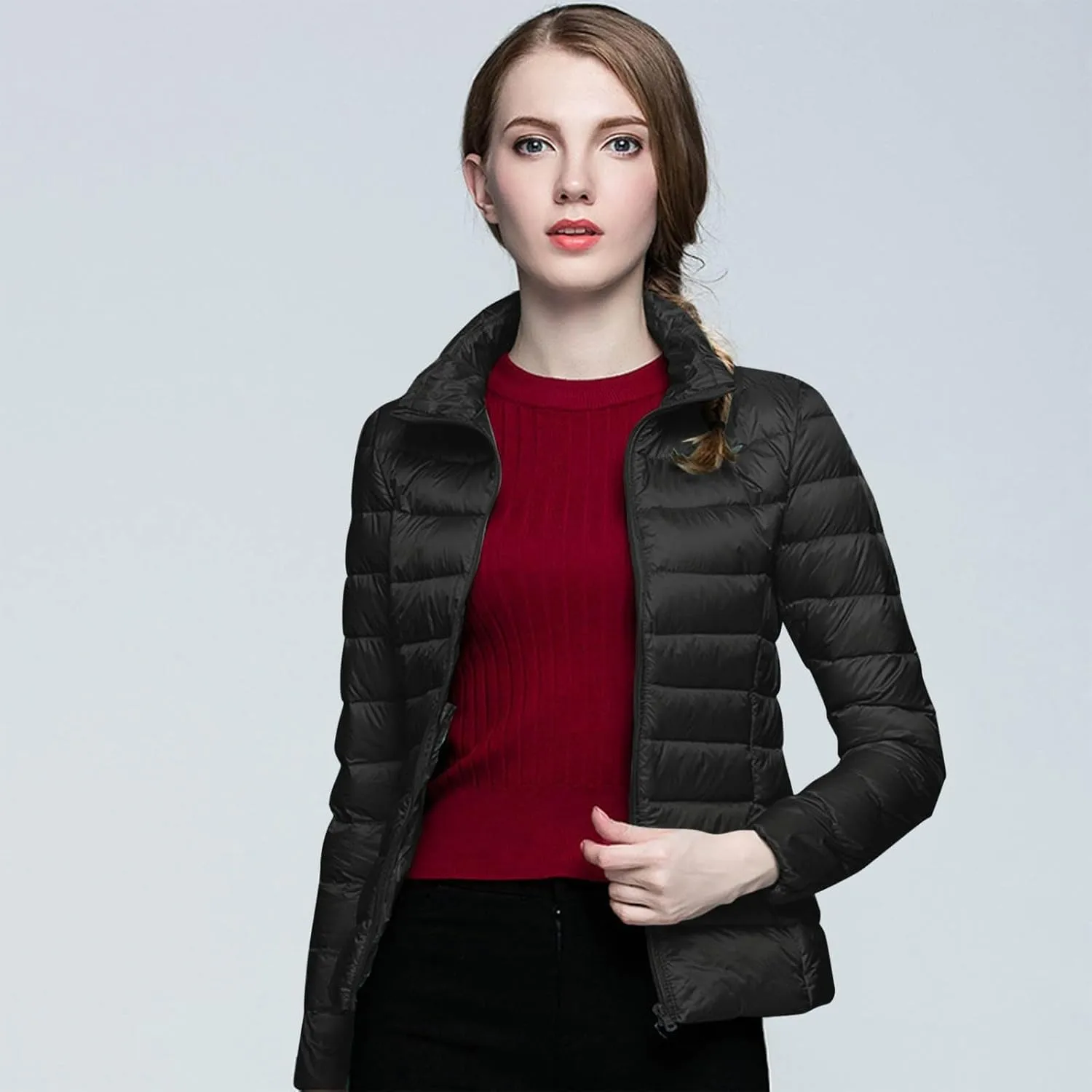 Womens Short Down Coats Winter Packable Puffer Jackets Hooded Ultra Light Quilted Winter Coats with Pockets Outerwear