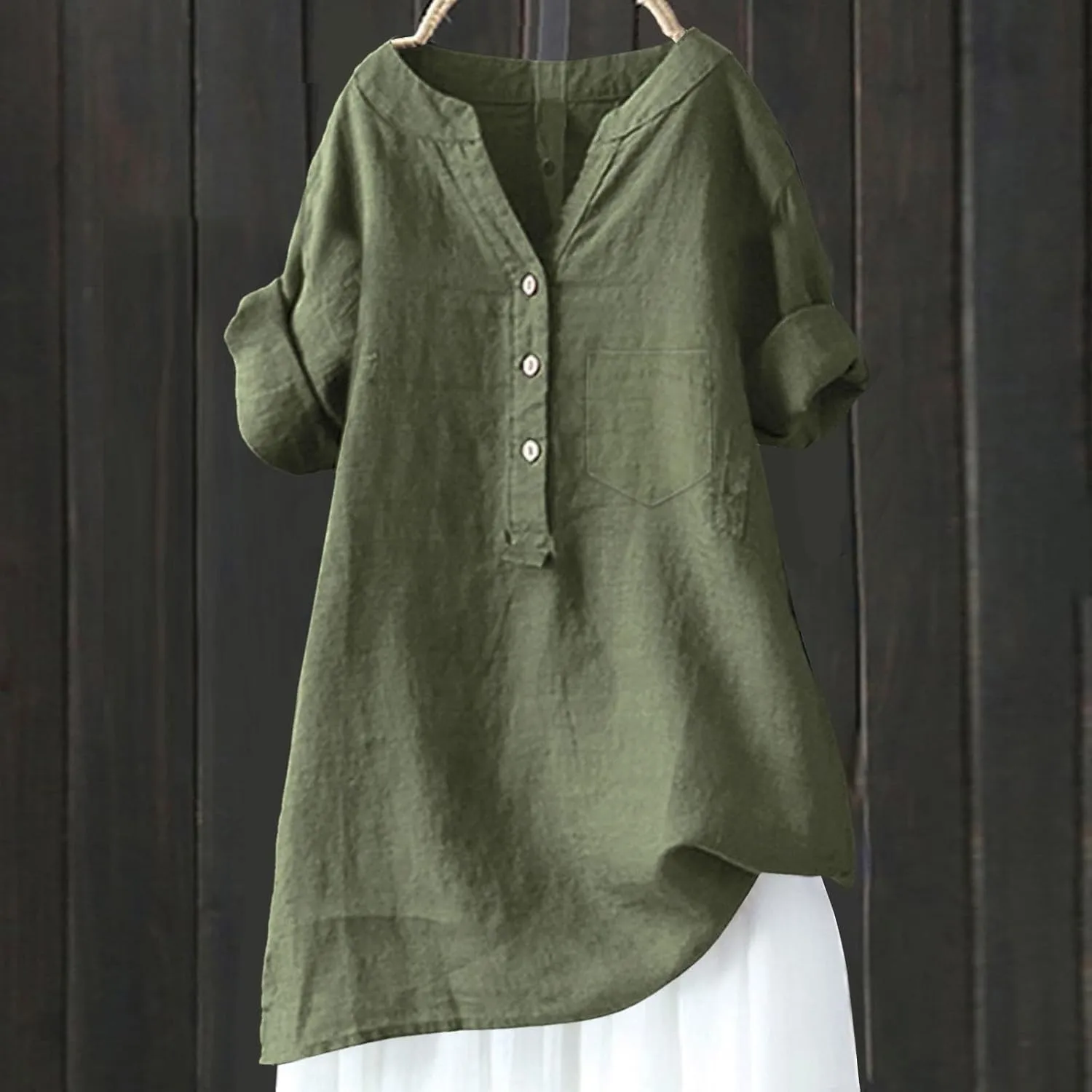 Women's Solid V-Neck Linen Shirts - Lightweight Summer Beach Top, Short Sleeve Boho Button Front Casual Blouse