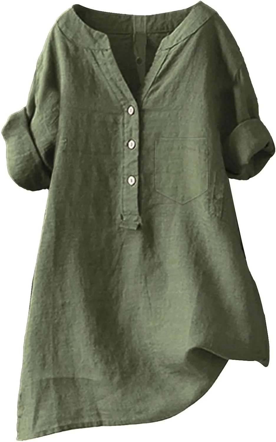 Women's Solid V-Neck Linen Shirts - Lightweight Summer Beach Top, Short Sleeve Boho Button Front Casual Blouse