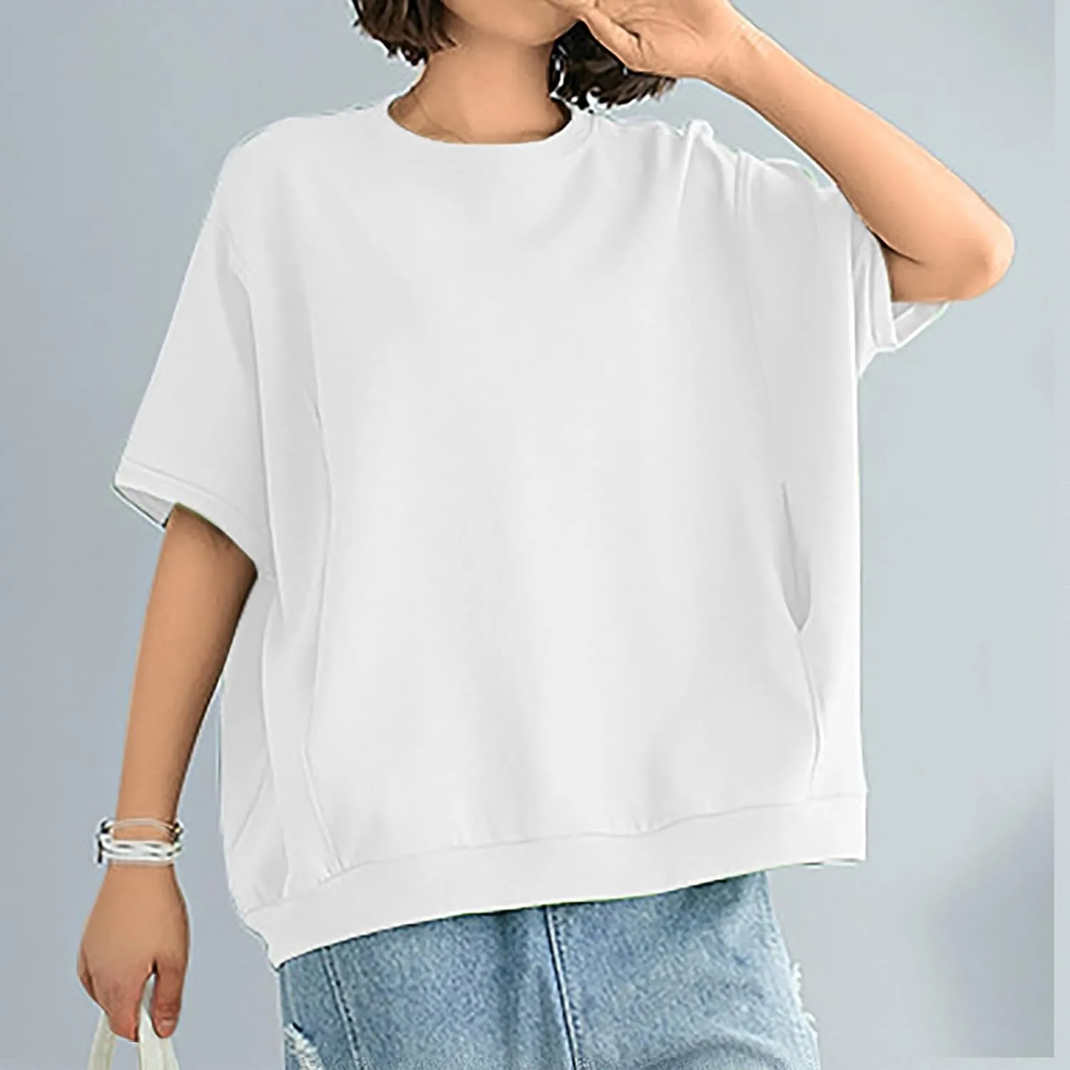 Women's Summer Short Sleeve Tops Crew Neck Oversize Pullover Basic Tee Shirt Blouse Casual Solid Shirts with Pockets