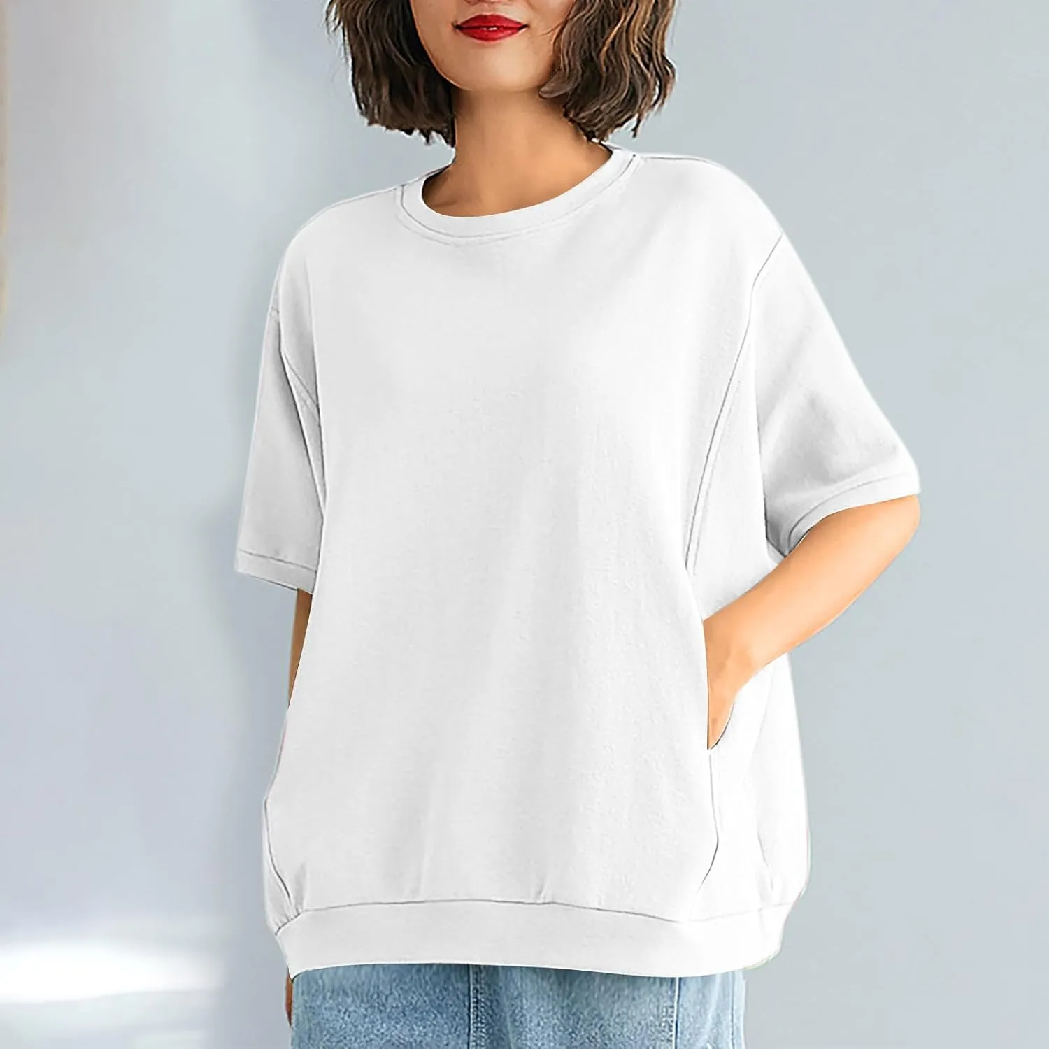 Women's Summer Short Sleeve Tops Crew Neck Oversize Pullover Basic Tee Shirt Blouse Casual Solid Shirts with Pockets