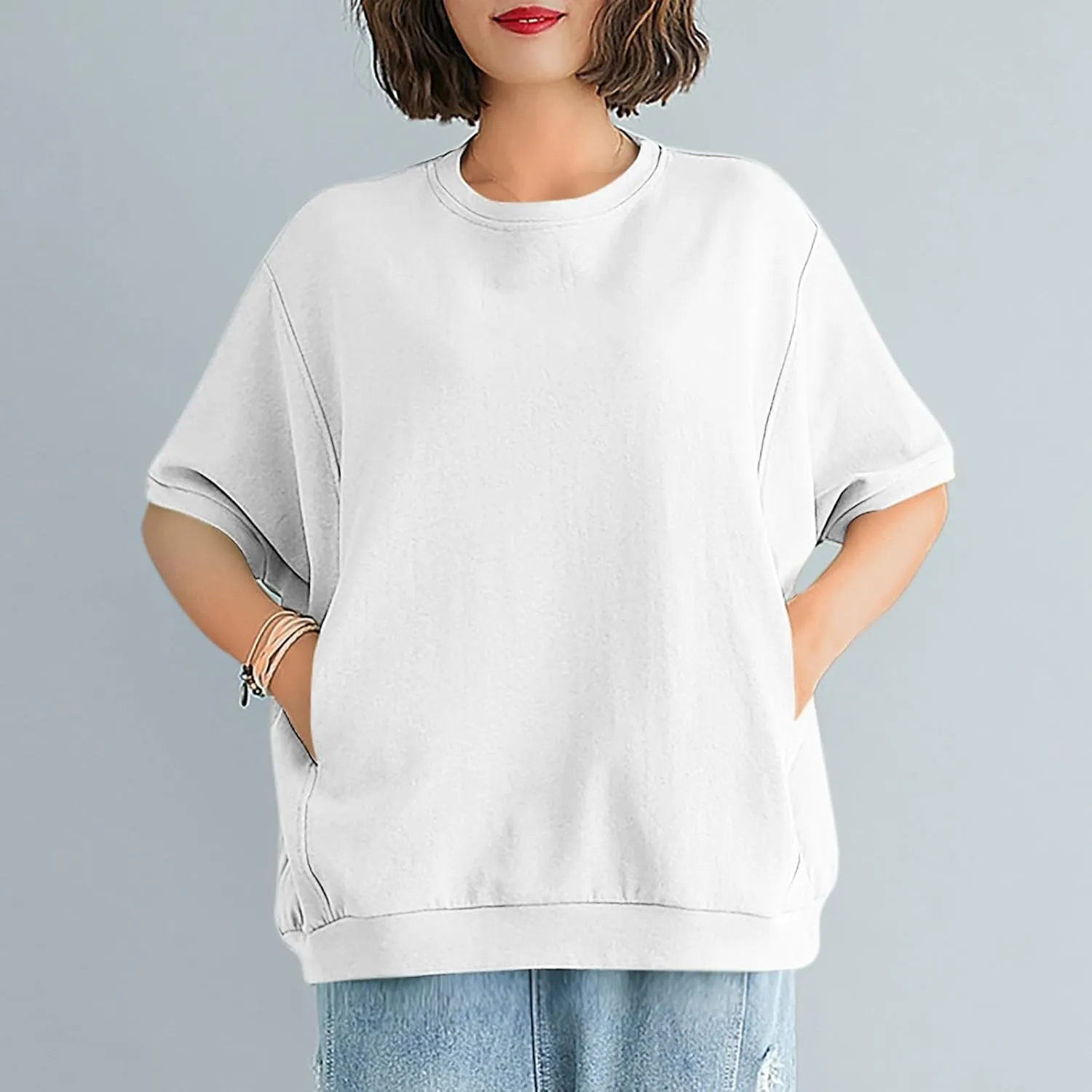 Women's Summer Short Sleeve Tops Crew Neck Oversize Pullover Basic Tee Shirt Blouse Casual Solid Shirts with Pockets