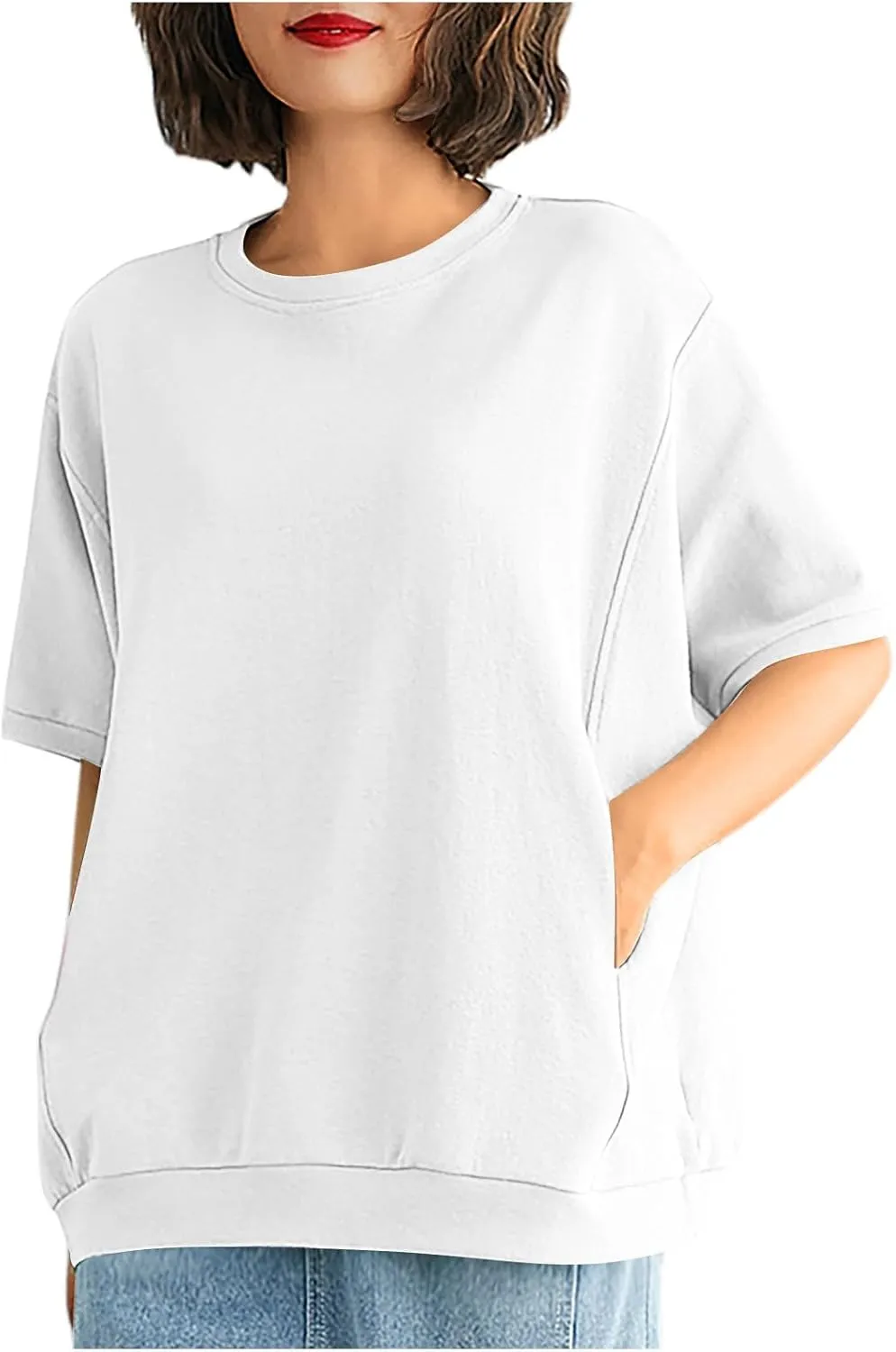 Women's Summer Short Sleeve Tops Crew Neck Oversize Pullover Basic Tee Shirt Blouse Casual Solid Shirts with Pockets