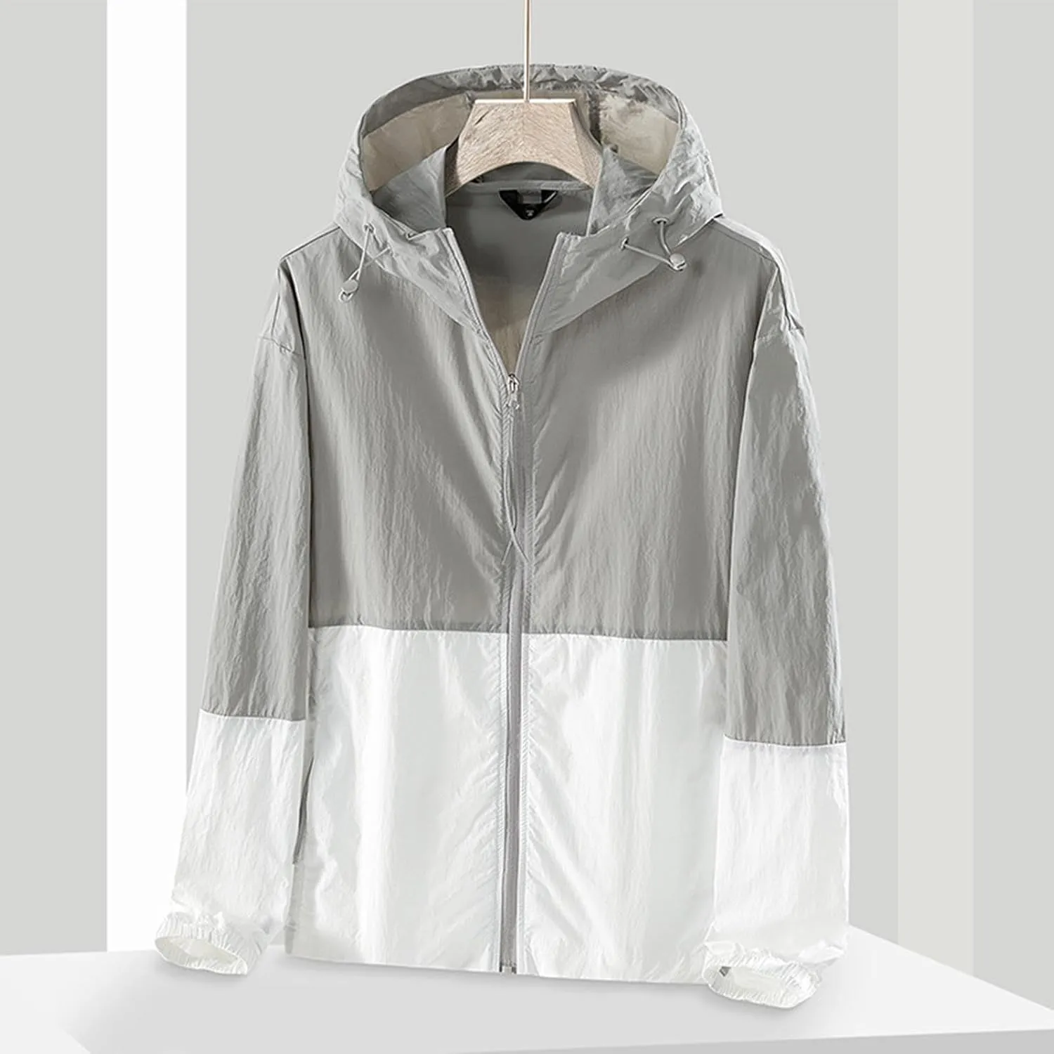 Women's Sun Protection Windbreaker Zip Up Color Block Drawstring Hooded Jacket Outerwear Lightweight Coat with Pockets