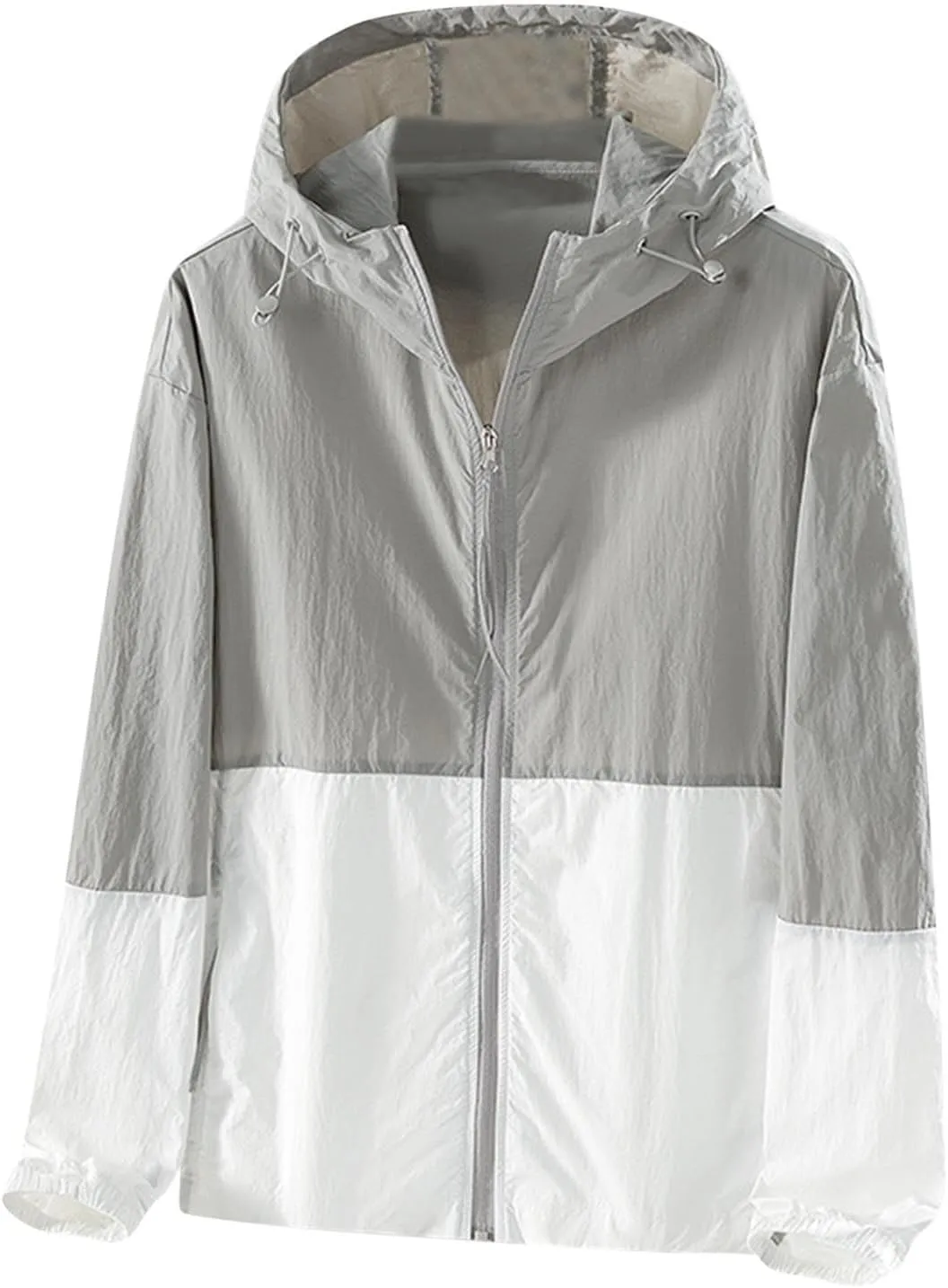 Women's Sun Protection Windbreaker Zip Up Color Block Drawstring Hooded Jacket Outerwear Lightweight Coat with Pockets