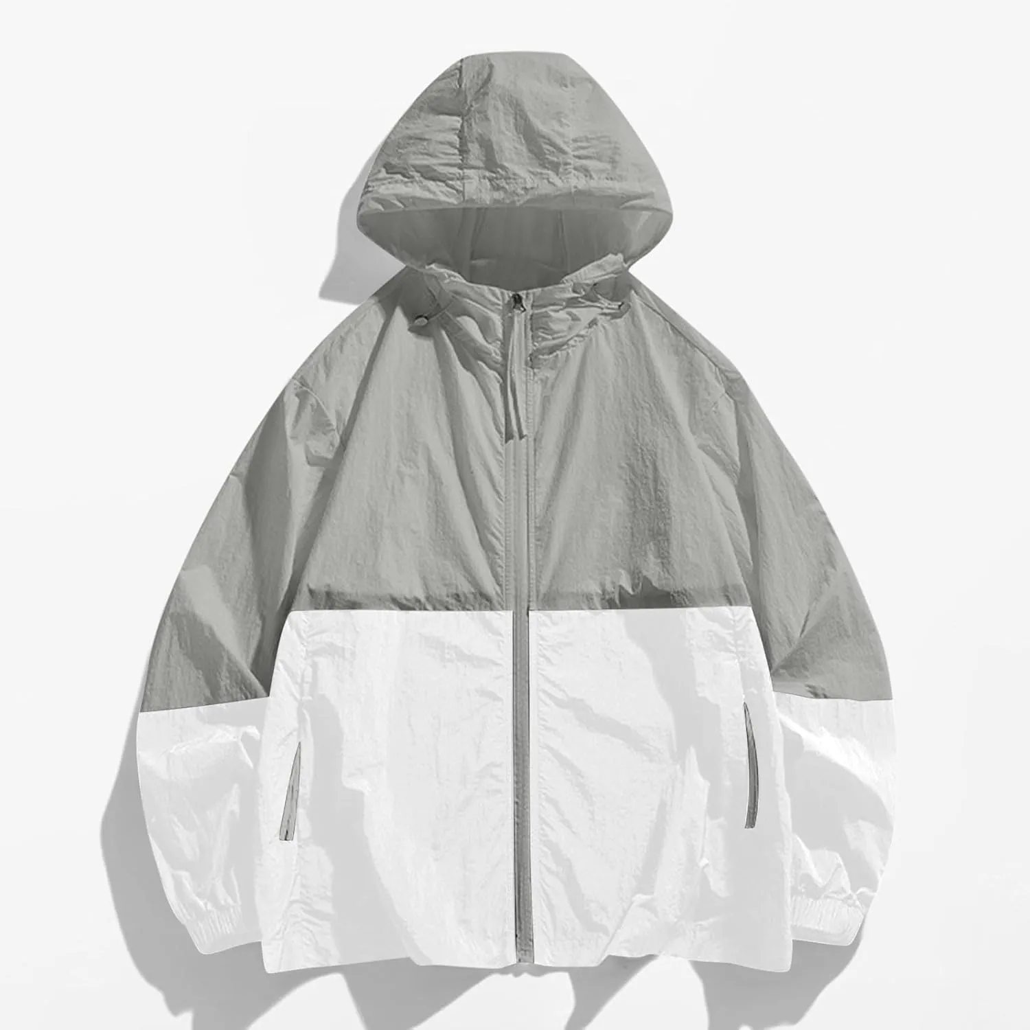 Women's Sun Protection Windbreaker Zip Up Color Block Drawstring Hooded Jacket Outerwear Lightweight Coat with Pockets