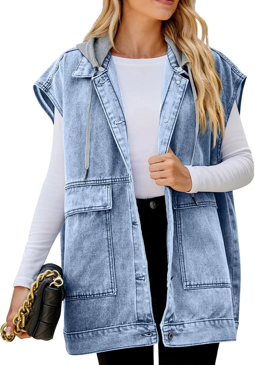 Womens Vintage Denim Jean Vest Oversized Button Down Sleeveless Lapel Collar Waistcoat Jean Vest Top with Pockets