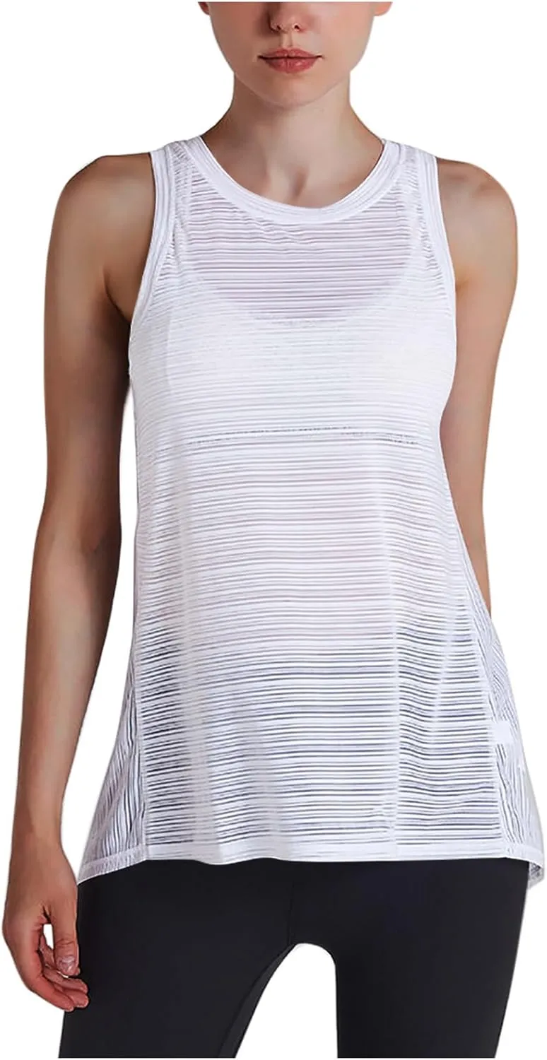Workout Tank Tops for Women Summer Mesh Hollow Out Crew Neck Sleeveless Shirts Casual Fashion Yoga Quick Dry Blouse