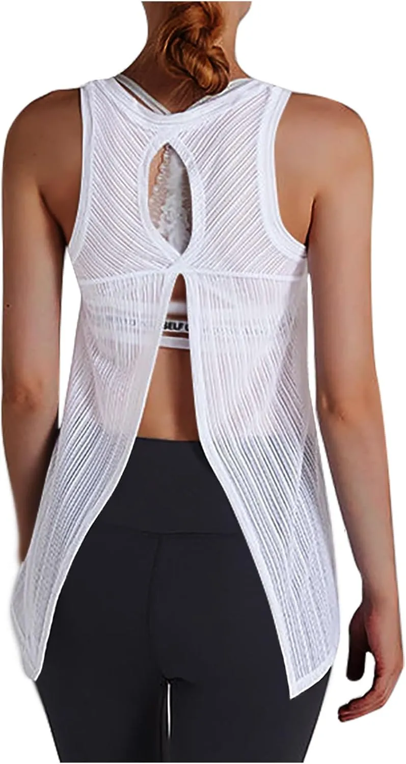 Workout Tank Tops for Women Summer Mesh Hollow Out Crew Neck Sleeveless Shirts Casual Fashion Yoga Quick Dry Blouse